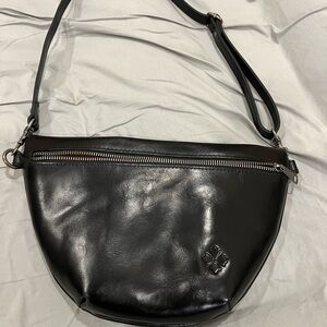 Patricia Nash Black Leather Crescent Crossbody with Subtle Logo